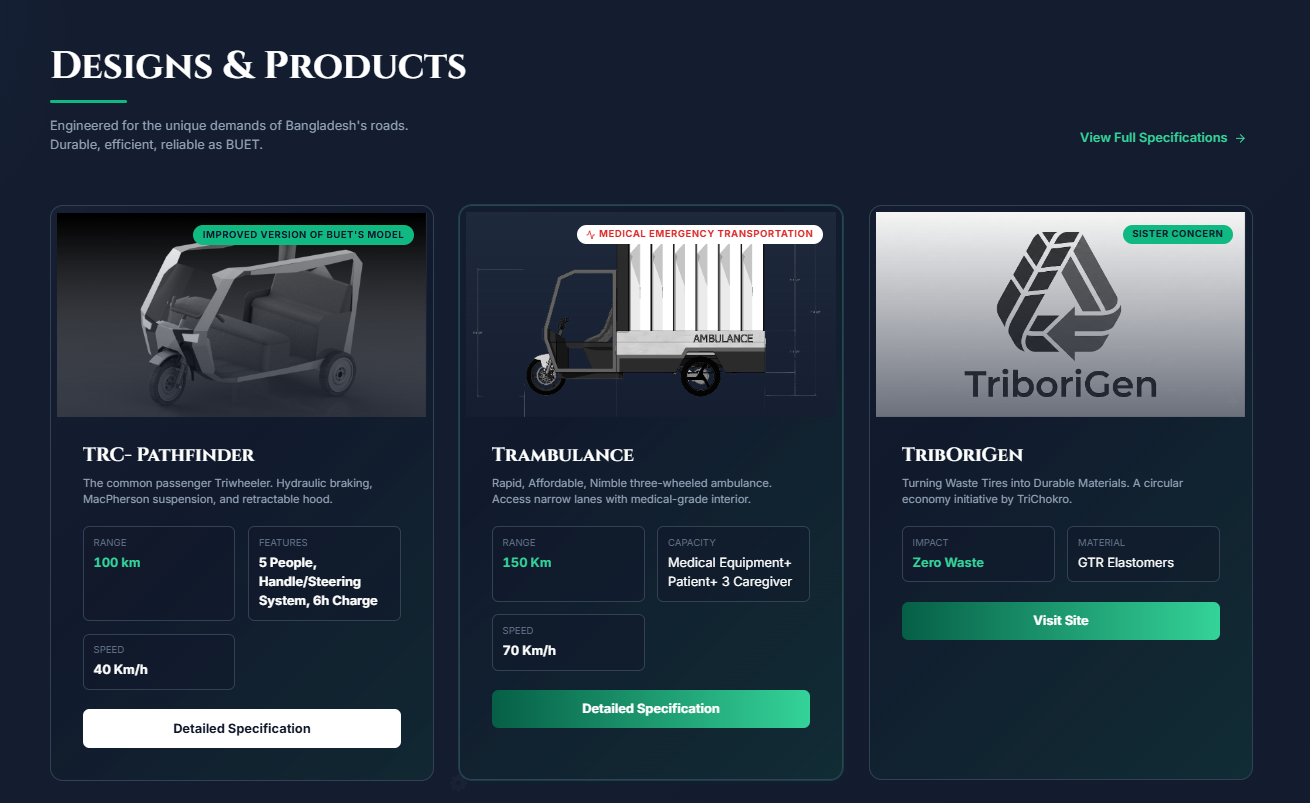 The TriChokro website showing the Trambulance and TRC-Pathfinder vehicles